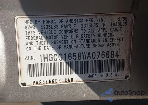 1998 Honda Accord Ex V6 from USA, damaged, VIN 1HGCG1658WA076684